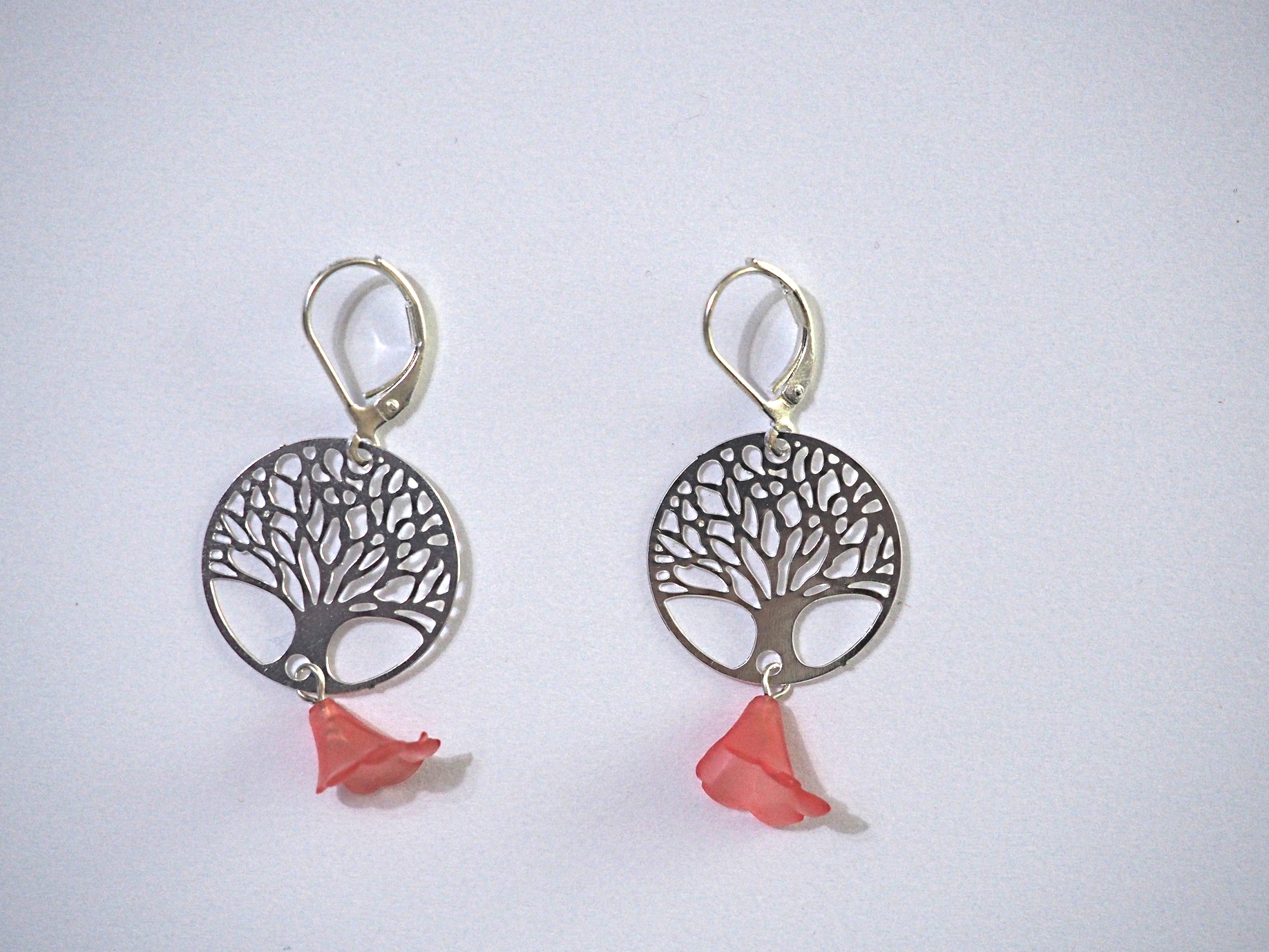 Boucles d'oreille Arbre de vie et Fleur Rouge